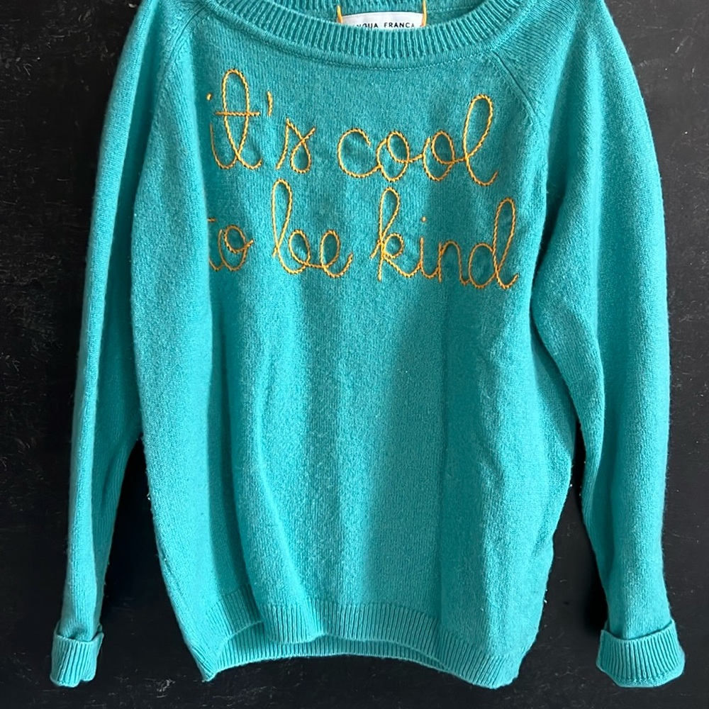 Lingua Franca girls sweater cashmere embroidered It’s Cool to be Kind turquoise